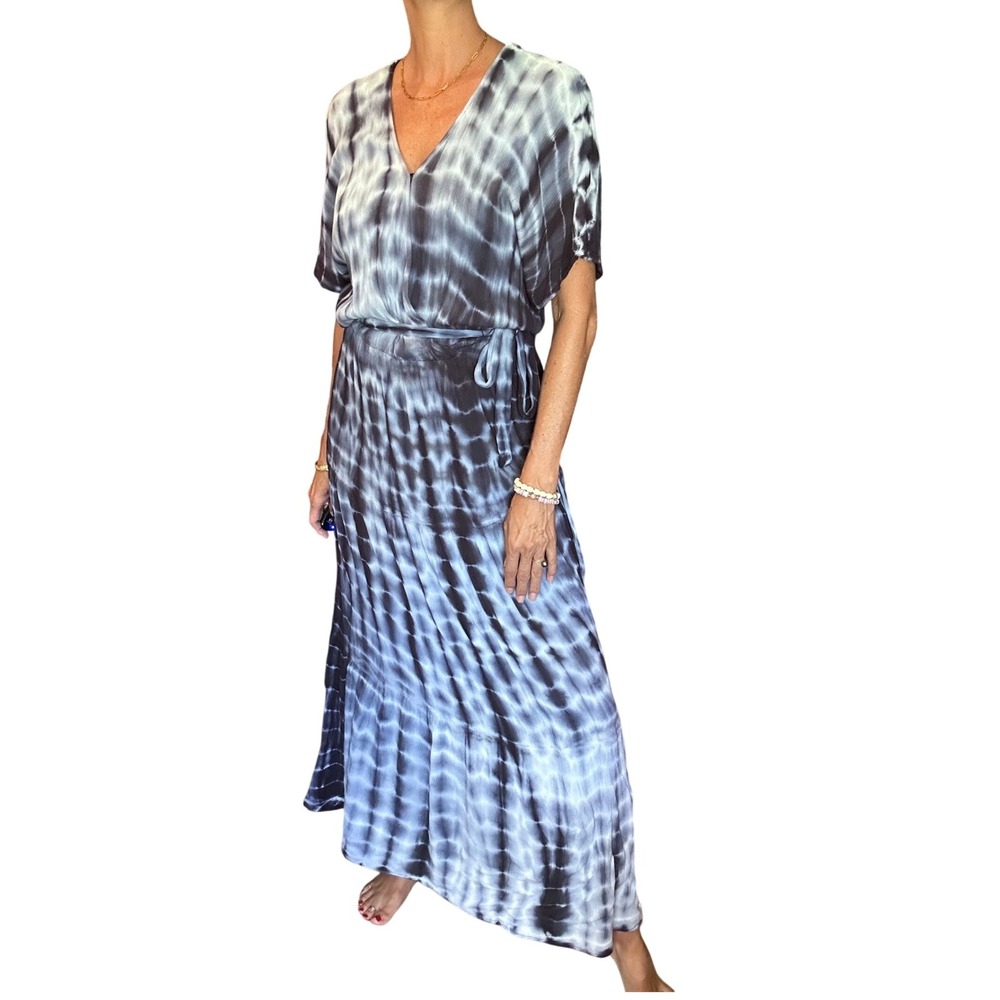 Knox Rose Rayon Blue White Tie Dye V-Neck Maxi Dress Short Sleeve Boho Belted - Picture 10 of 13